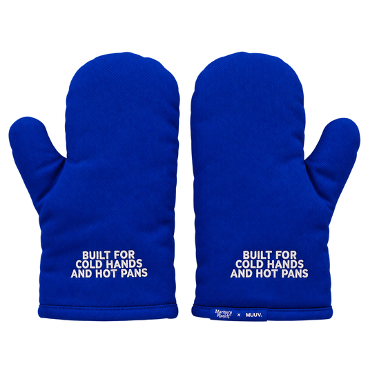Pair of cobalt MUUV oven gloves, product shot