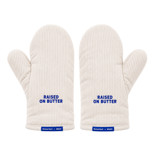 Pair of corduroy MUUV oven gloves, product shot