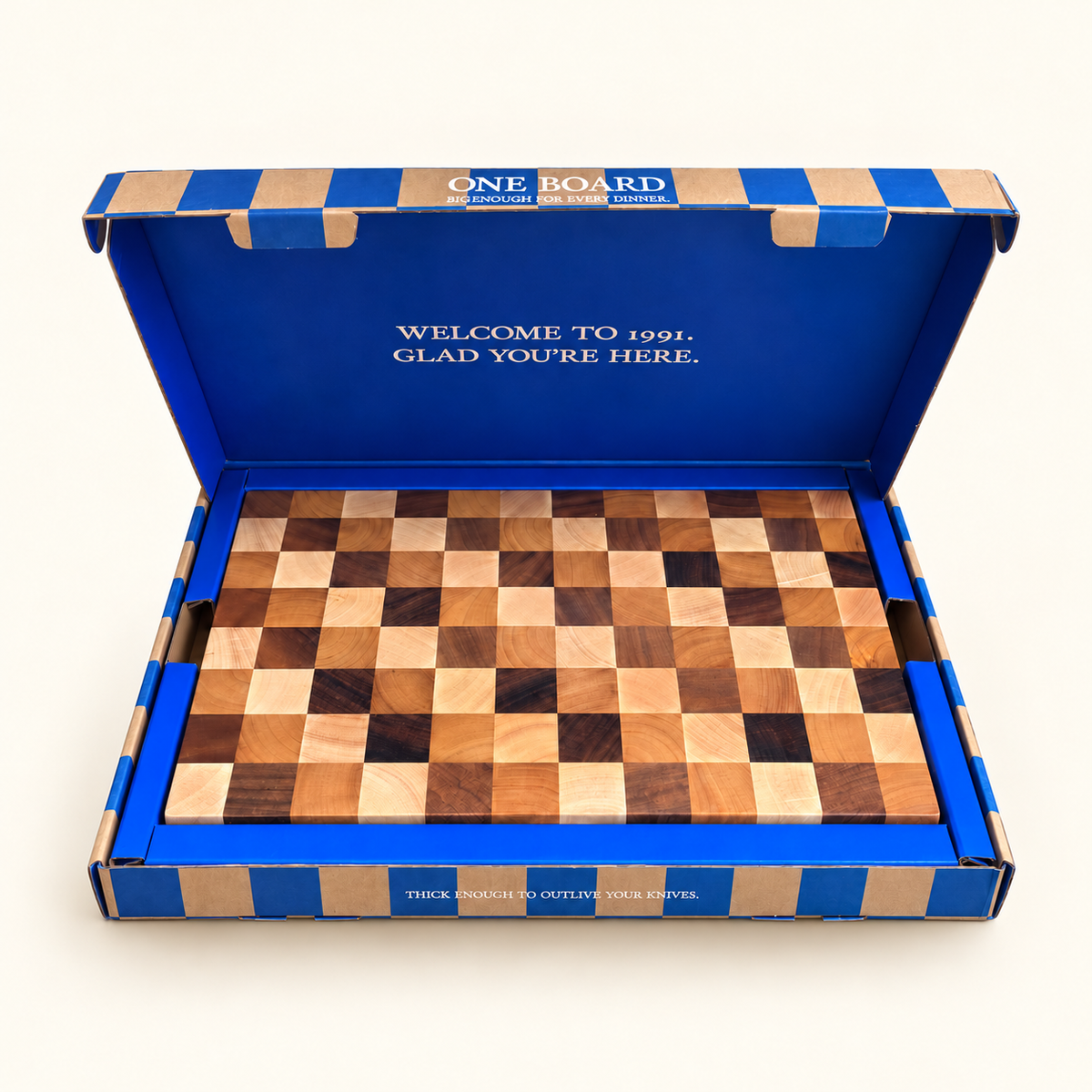 ONE BOARD Checker in its open blue and kraft chequered 1991 box.