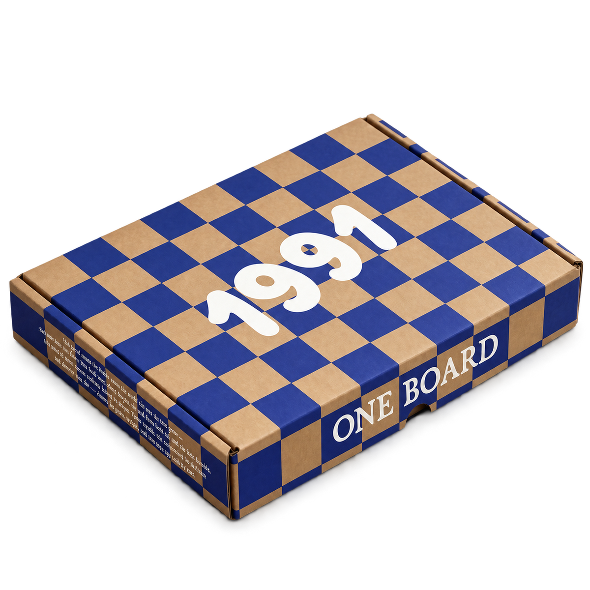 Closed ONE BOARD box with a blue and kraft chequerboard pattern.