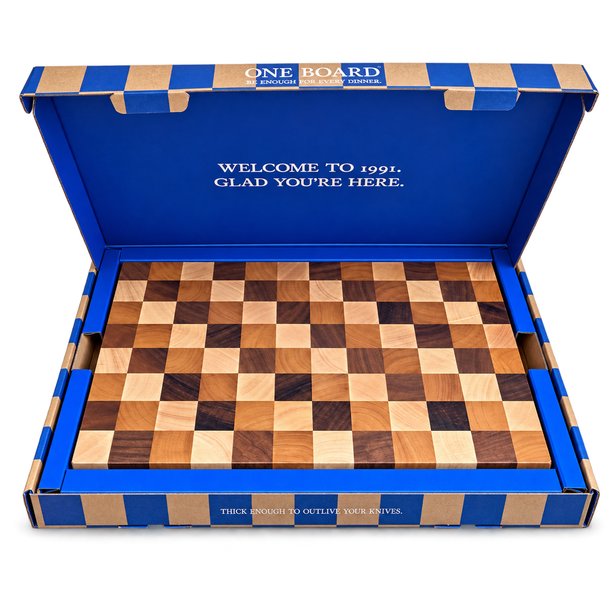Open ONE BOARD box with the Checker board and a welcome message inside the lid.