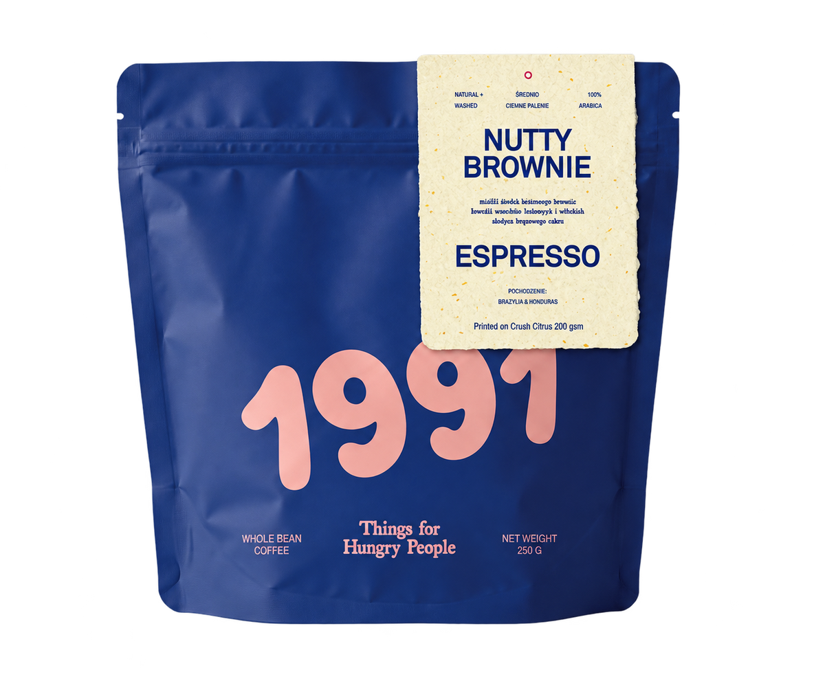 A pack of 1991 Nutty Brownie whole bean coffee